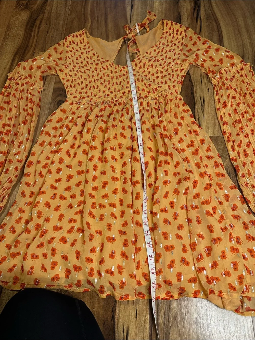 Free People M Golden Orange Floral Mini Dress Smocked Metallic Long Sleeve Boho